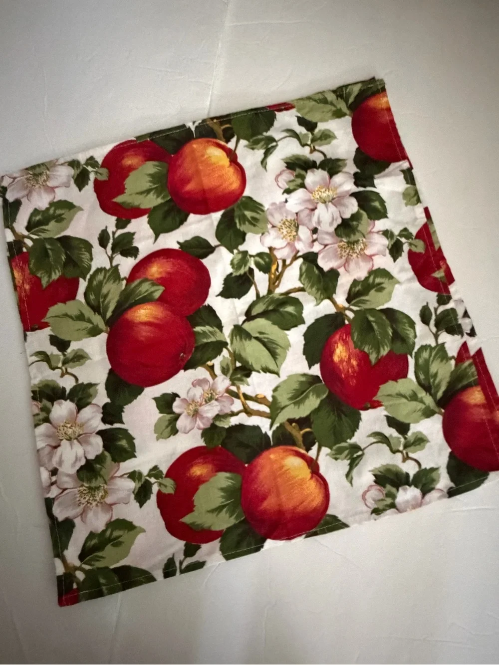Fruit Print Napkin or Fabric Square - Red Peach/ Apple Floral set of 5
